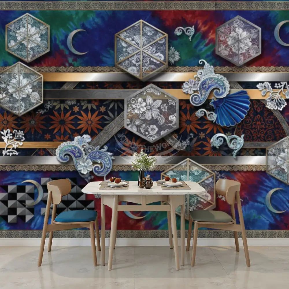 3D Crystal Windows on Tie Dye Unpasted Mural Wallpaper 144’’x100’’ 144’’x100’’ Wall Coverings