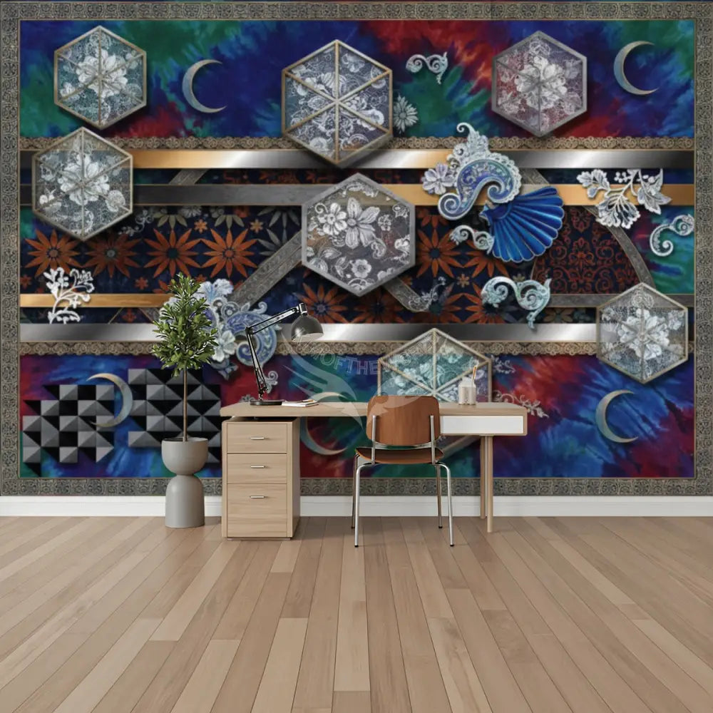 3D Crystal Windows on Tie Dye Unpasted Mural Wallpaper 144’’x100’’ 144’’x100’’ Wall Coverings