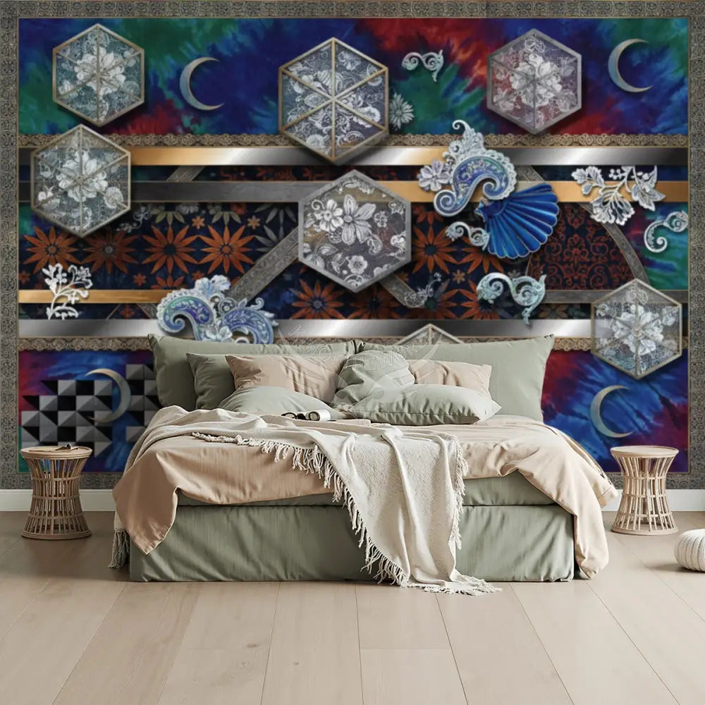 3D Crystal Windows on Tie Dye Unpasted Mural Wallpaper 144’’x100’’ 144’’x100’’ Wall Coverings