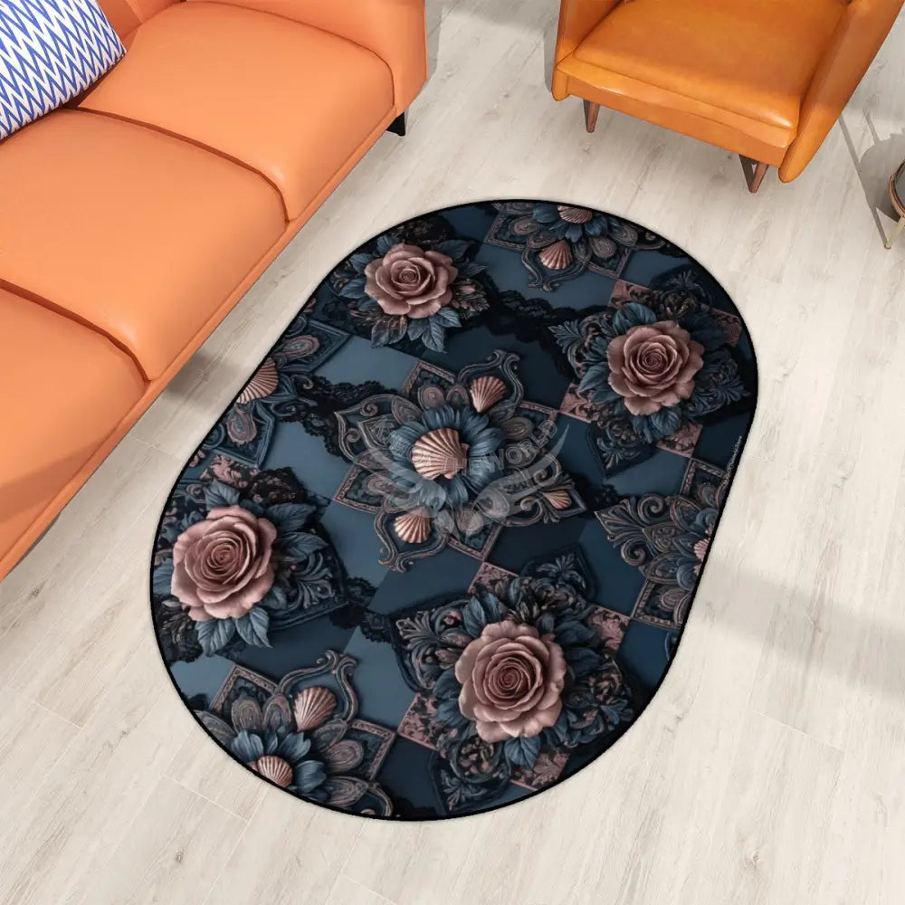 3D Dark Blue Rose Steampunk Multiple Sizes Oval Area Rug Rugs & Mats