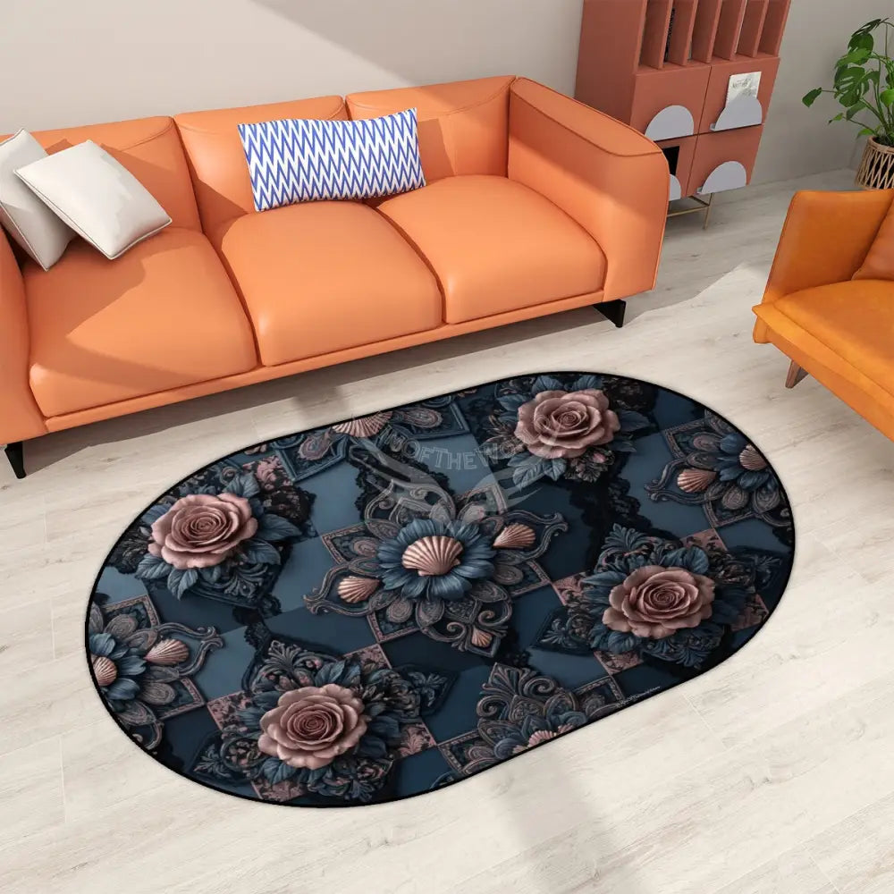 3D Dark Blue Rose Steampunk Multiple Sizes Oval Area Rug Rugs & Mats