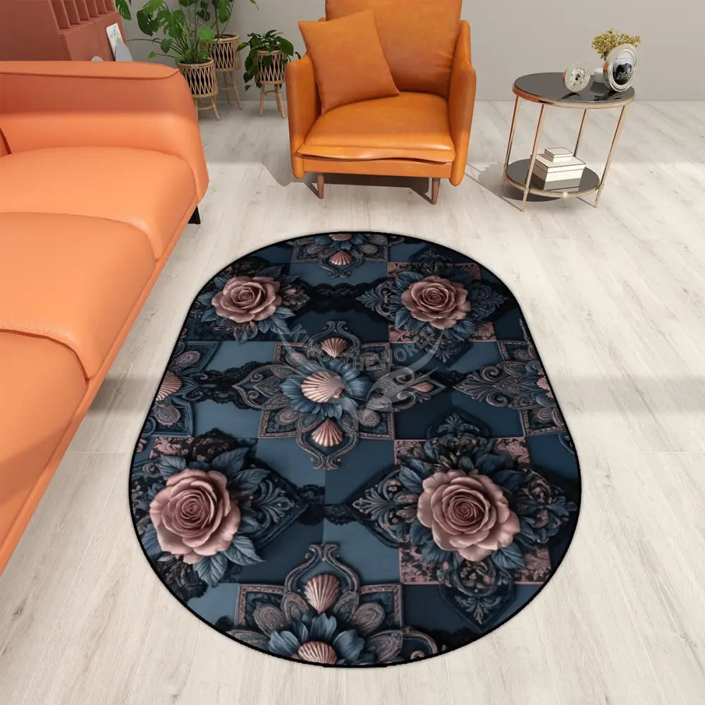 3D Dark Blue Rose Steampunk Multiple Sizes Oval Area Rug Rugs & Mats
