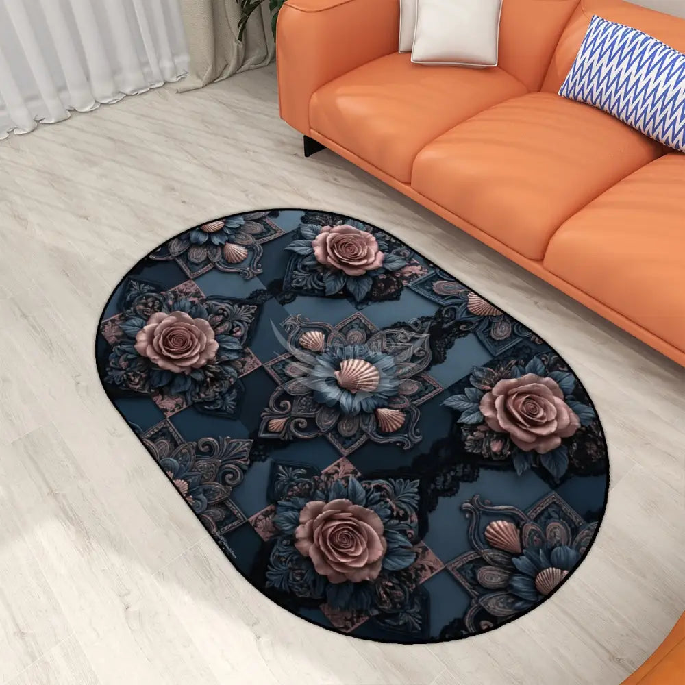 3D Dark Blue Rose Steampunk Multiple Sizes Oval Area Rug Rugs & Mats