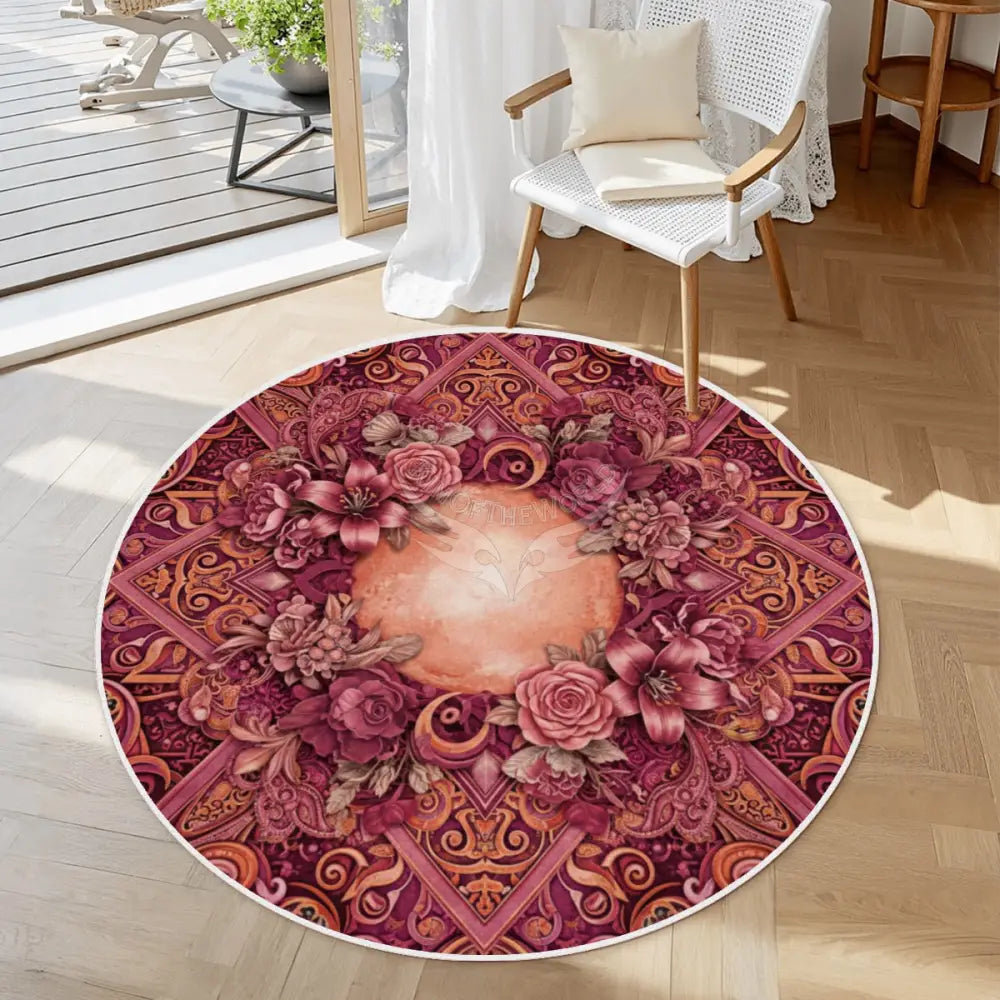 3D Peach Floral Soft Round Area Rug with White Border 39.4’’x39.4’’ Rugs & Mats