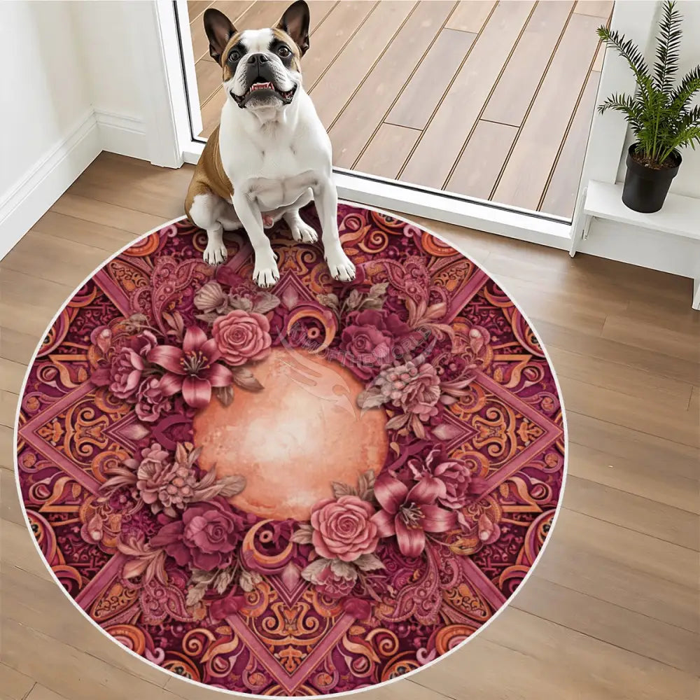 3D Peach Floral Soft Round Area Rug with White Border Rugs & Mats