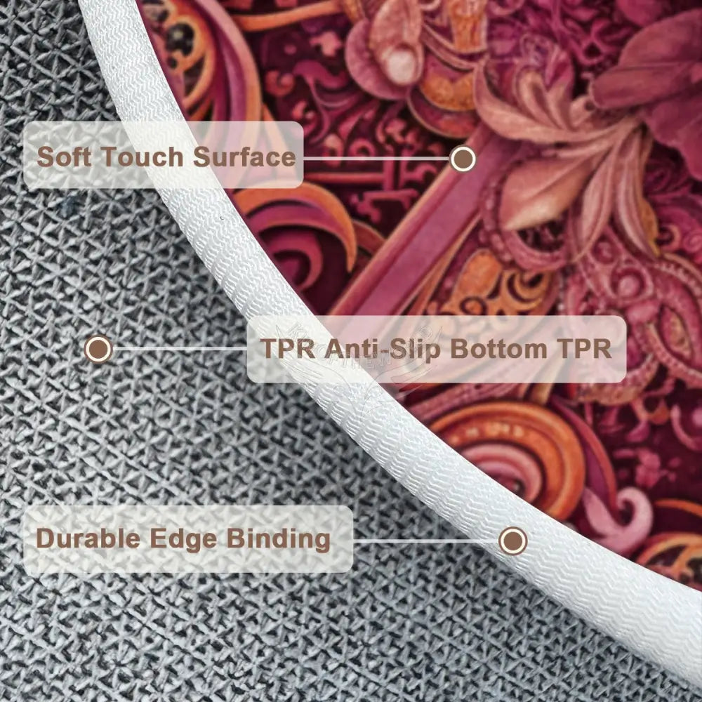 3D Peach Floral Soft Round Area Rug with White Border Rugs & Mats