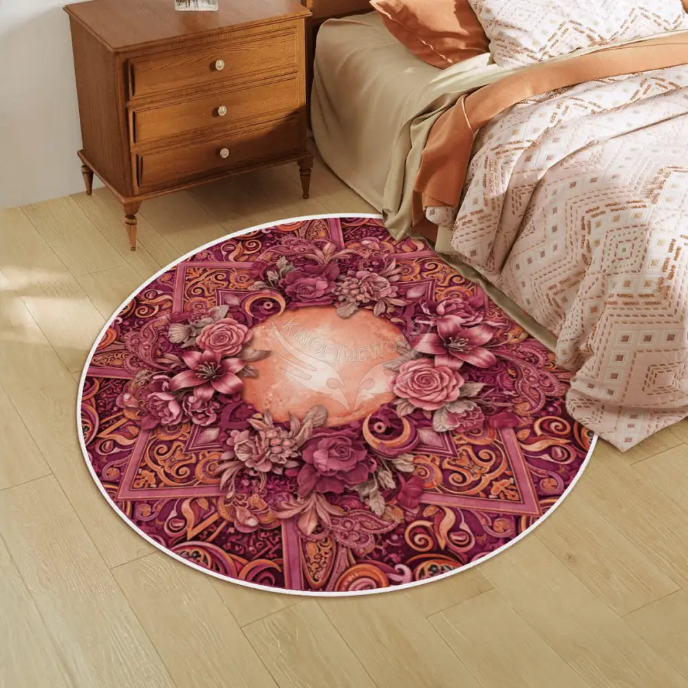 3D Peach Floral Soft Round Area Rug with White Border Rugs & Mats