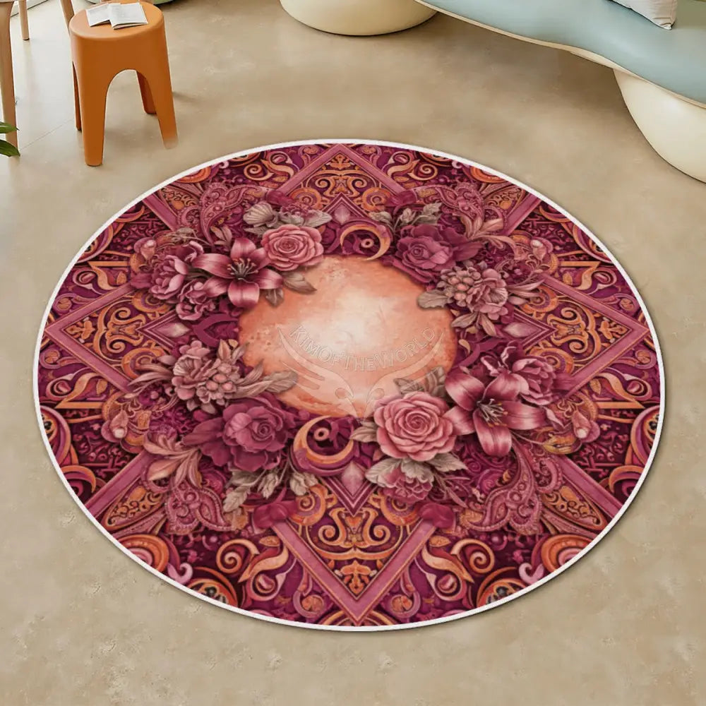 3D Peach Floral Soft Round Area Rug with White Border Rugs & Mats