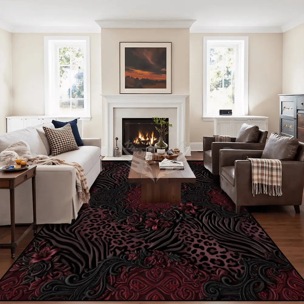 3D Dark Red Deep Burgundy Animal Print Large Area Rug Floor Carpet (5:4) 120’’x96’’ Rugs & Mats