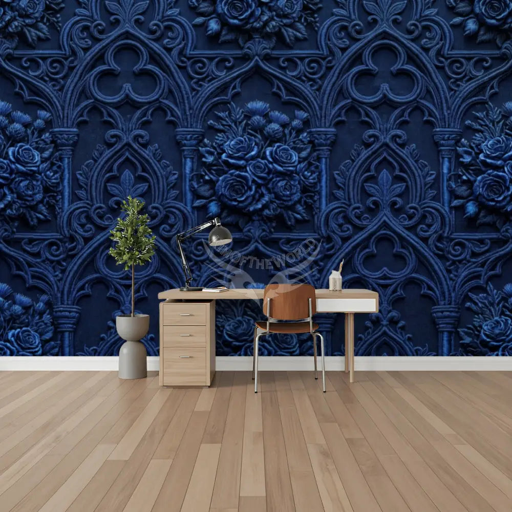 3D Deep Navy Blue Gothic Floral Unpasted Mural Wallpaper 144’’x100’’ 144’’x100’’ Wall Coverings