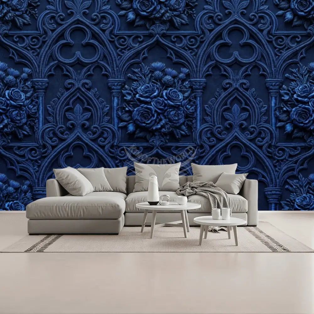 3D Deep Navy Blue Gothic Floral Unpasted Mural Wallpaper 144’’x100’’ 144’’x100’’ Wall Coverings