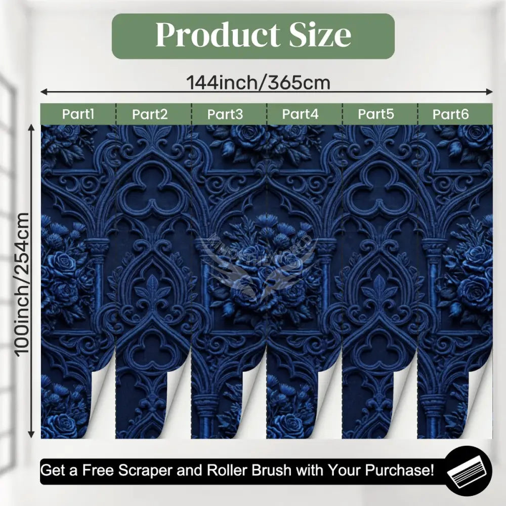 3D Deep Navy Blue Gothic Floral Unpasted Mural Wallpaper 144’’x100’’ 144’’x100’’ Wall Coverings