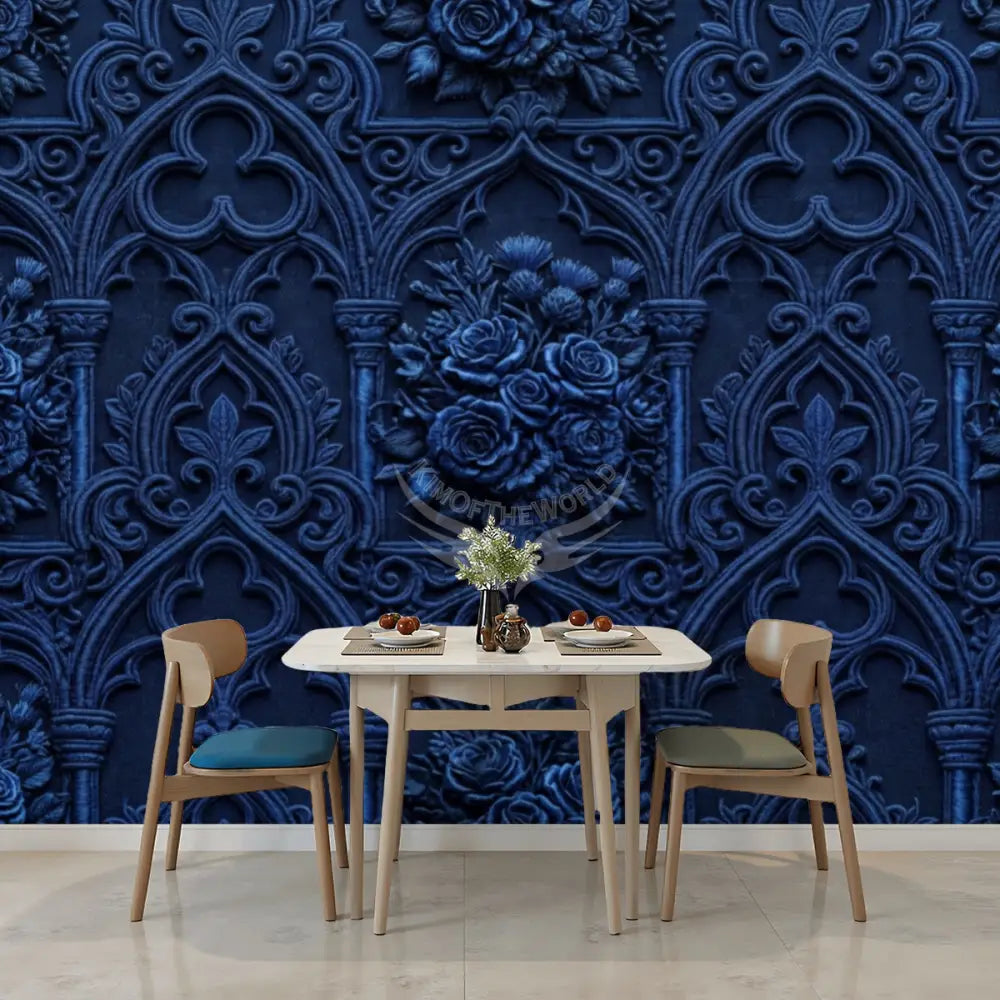 3D Deep Navy Blue Gothic Floral Unpasted Mural Wallpaper 144’’x100’’ 144’’x100’’ Wall Coverings