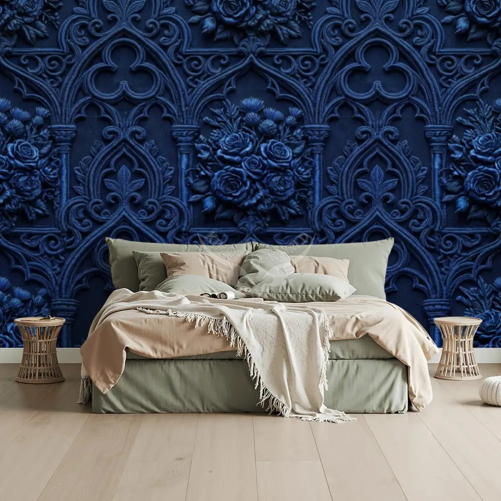 3D Deep Navy Blue Gothic Floral Unpasted Mural Wallpaper 144’’x100’’ 144’’x100’’ Wall Coverings