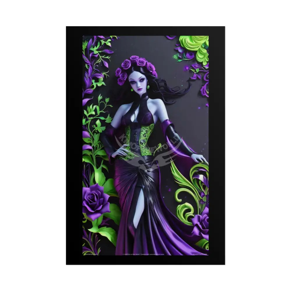 3D Deep Purple Rose Gothic Floral Foil Leaf Woman Lady Poster — Nature-Inspired Rolled Framable Print green and gold