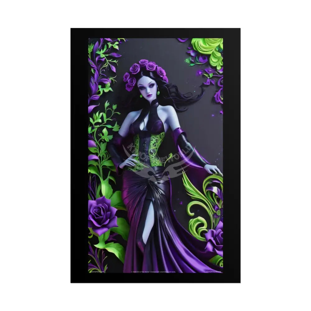 3D Deep Purple Rose Gothic Floral Foil Leaf Woman Lady Poster — Nature-Inspired Rolled Framable Print green and gold