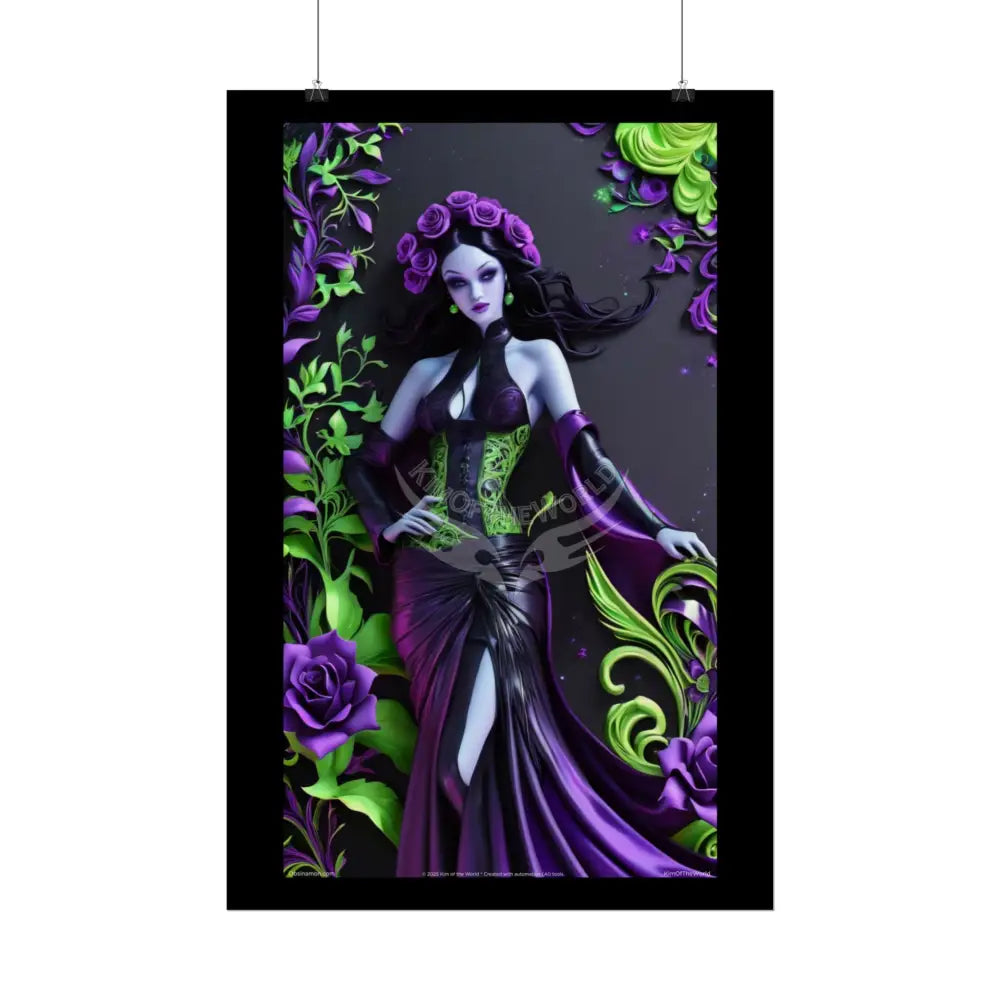 3D Deep Purple Rose Gothic Floral Foil Leaf Woman Lady Poster — Nature-Inspired Rolled Framable Print green and gold