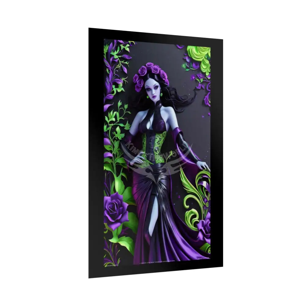 3D Deep Purple Rose Gothic Floral Foil Leaf Woman Lady Poster — Nature-Inspired Rolled Framable Print green and gold