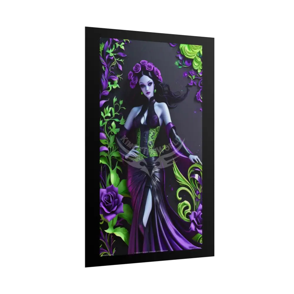 3D Deep Purple Rose Gothic Floral Foil Leaf Woman Lady Poster — Nature-Inspired Rolled Framable Print green and gold