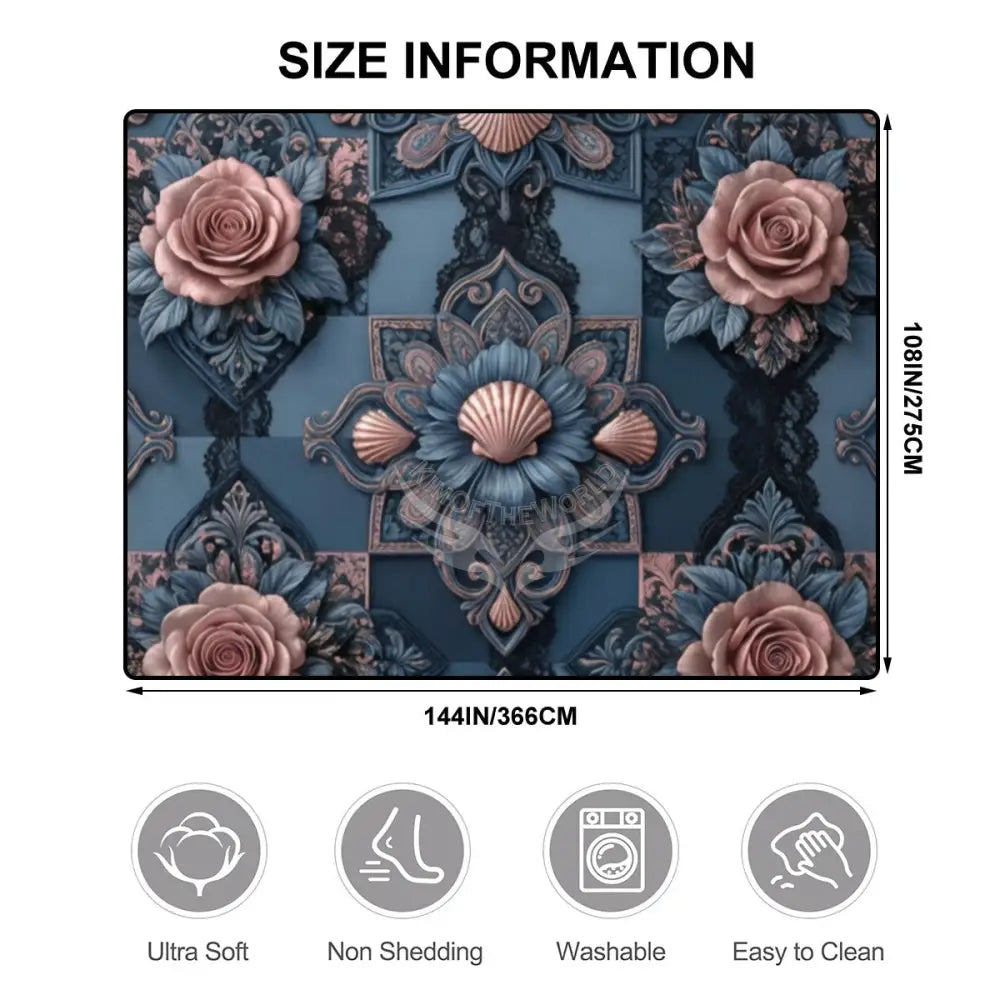 3D Deep Teal and Pink Rose Large Area Rug Floor Carpet - 12ft x 10ft - (Ratio 4:3) 144’’x108’’ Rugs & Mats