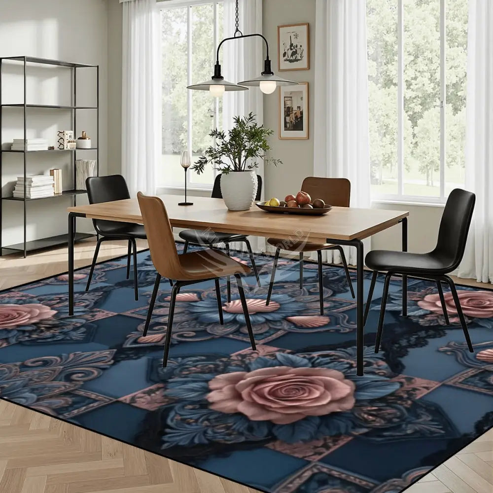 3D Deep Teal and Pink Rose Large Area Rug Floor Carpet - 12ft x 10ft - (Ratio 4:3) 144’’x108’’ Rugs & Mats