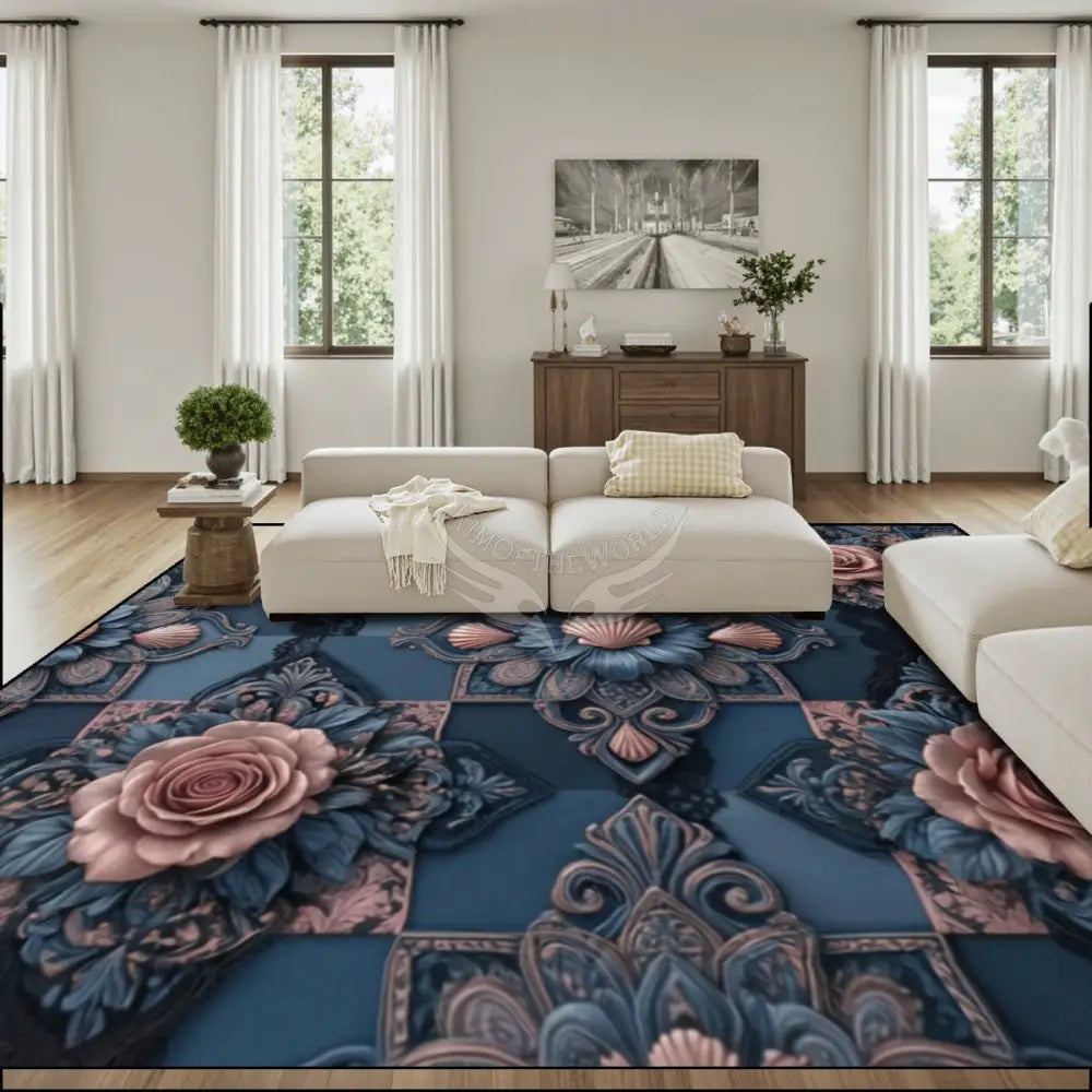 3D Deep Teal and Pink Rose Large Area Rug Floor Carpet - 12ft x 10ft - (Ratio 4:3) 144’’x108’’ Rugs & Mats