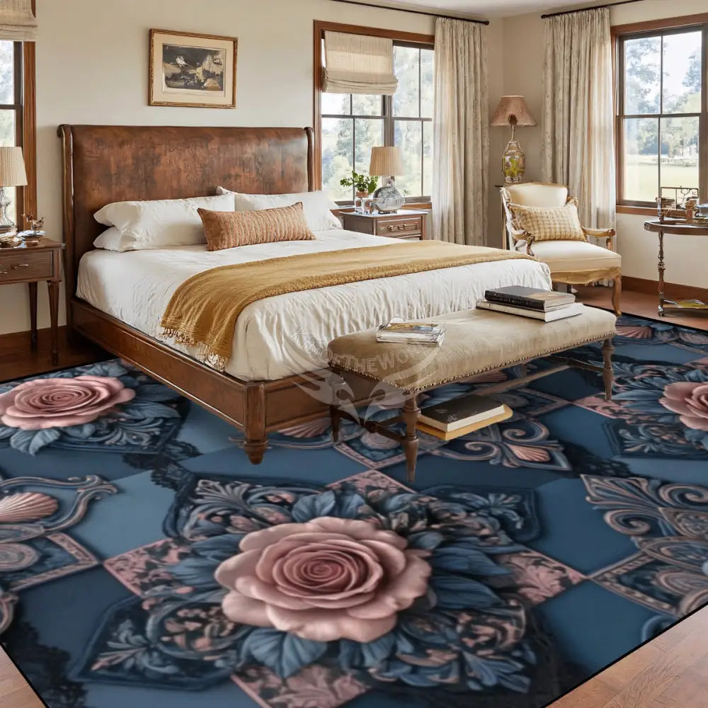 3D Deep Teal and Pink Rose Large Area Rug Floor Carpet - 12ft x 10ft - (Ratio 4:3) 144’’x108’’ Rugs & Mats