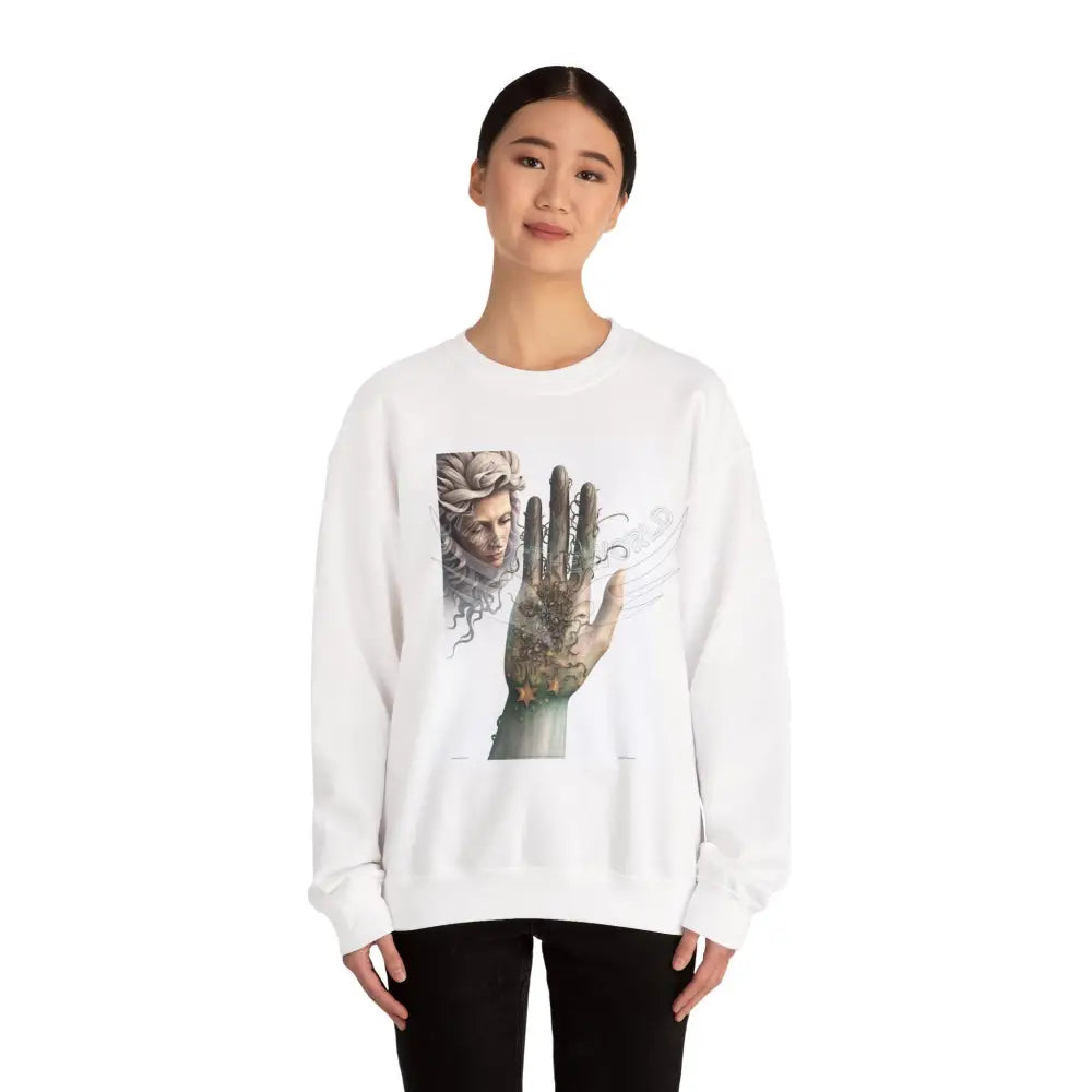 3D Fantasy Giant Surreal Hand Scapes Signature Design Sweatshirt — Bat & Dragon Floral Landscape Crewneck Sweatshirt
