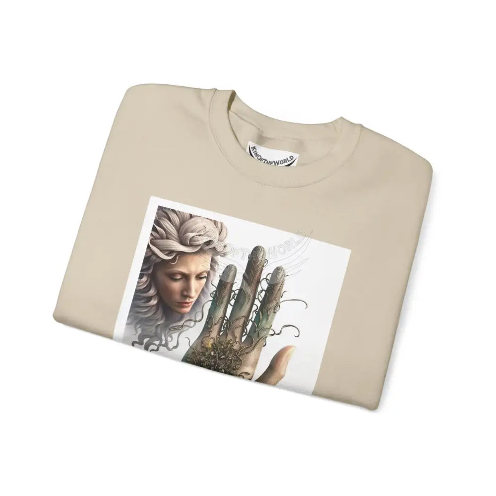 3D Fantasy Giant Surreal Hand Scapes Signature Design Sweatshirt — Bat & Dragon Floral Landscape Crewneck Sweatshirt