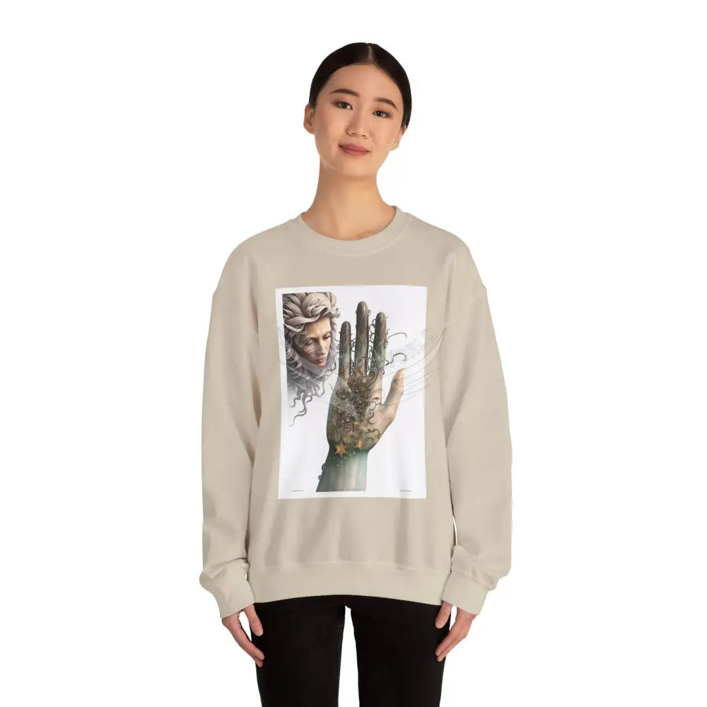 3D Fantasy Giant Surreal Hand Scapes Signature Design Sweatshirt — Bat & Dragon Floral Landscape Crewneck Sweatshirt