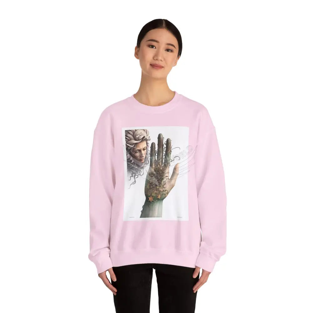 3D Fantasy Giant Surreal Hand Scapes Signature Design Sweatshirt — Bat & Dragon Floral Landscape Crewneck Sweatshirt