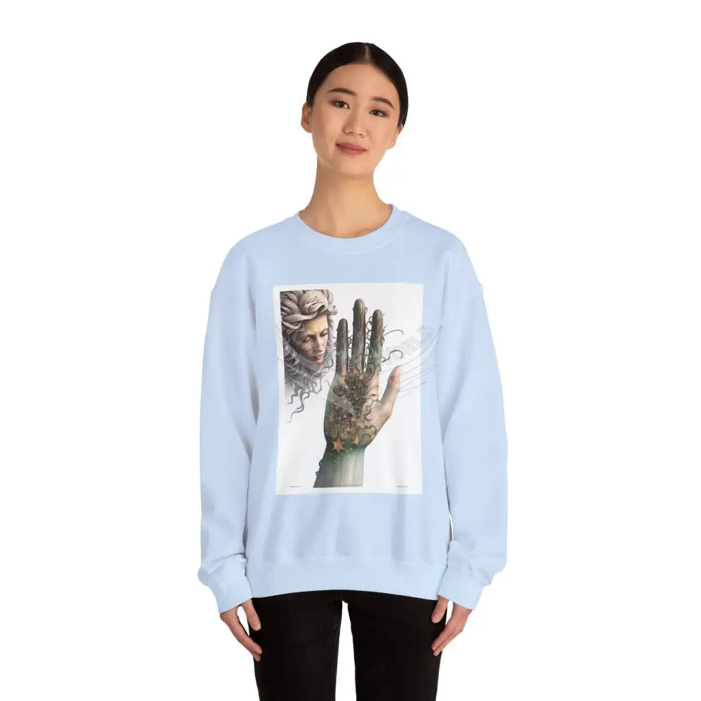 3D Fantasy Giant Surreal Hand Scapes Signature Design Sweatshirt — Bat & Dragon Floral Landscape Crewneck Sweatshirt