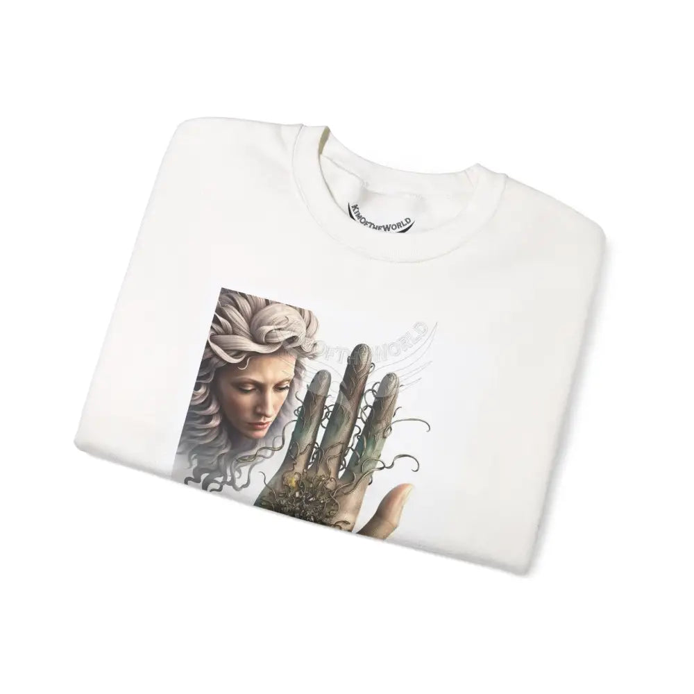 3D Fantasy Giant Surreal Hand Scapes Signature Design Sweatshirt — Bat & Dragon Floral Landscape Crewneck Sweatshirt