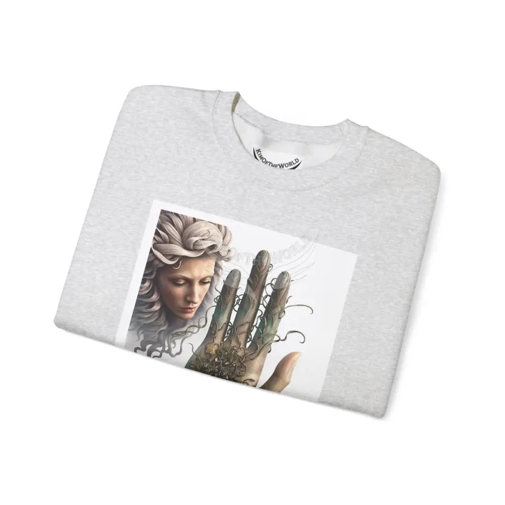 3D Fantasy Giant Surreal Hand Scapes Signature Design Sweatshirt — Bat & Dragon Floral Landscape Crewneck Sweatshirt