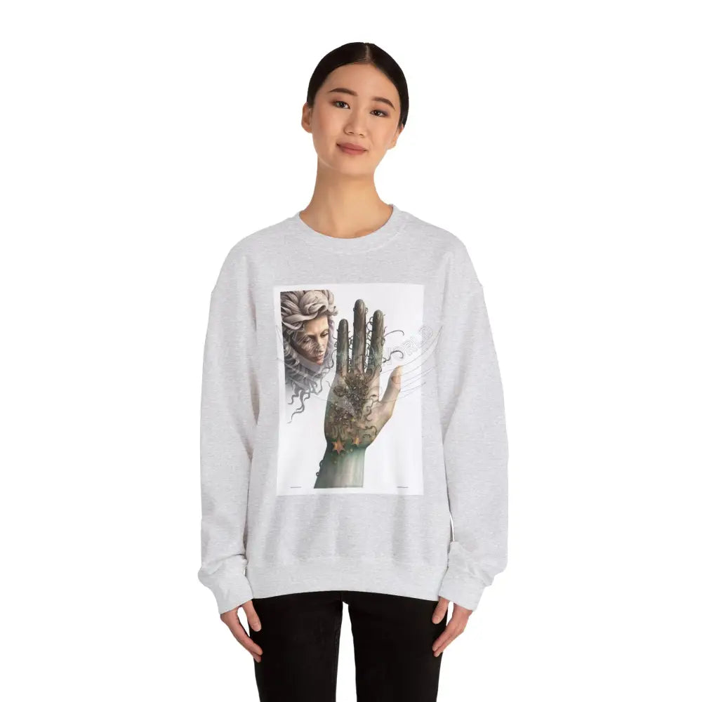 3D Fantasy Giant Surreal Hand Scapes Signature Design Sweatshirt — Bat & Dragon Floral Landscape Crewneck Sweatshirt