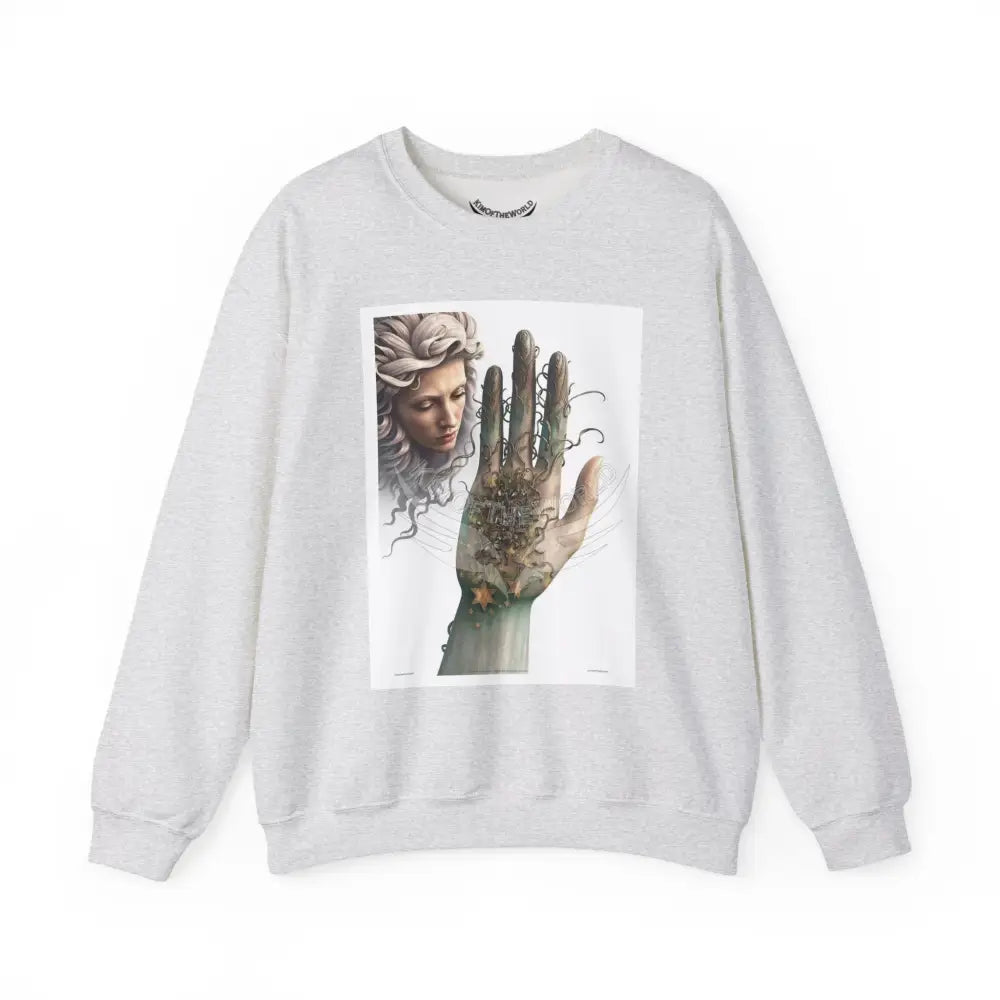3D Fantasy Giant Surreal Hand Scapes Signature Design Sweatshirt — Bat & Dragon Floral Landscape Crewneck Ash / S