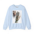 3D Fantasy Giant Surreal Hand Scapes Signature Design Sweatshirt — Bat & Dragon Floral Landscape Crewneck Light Blue