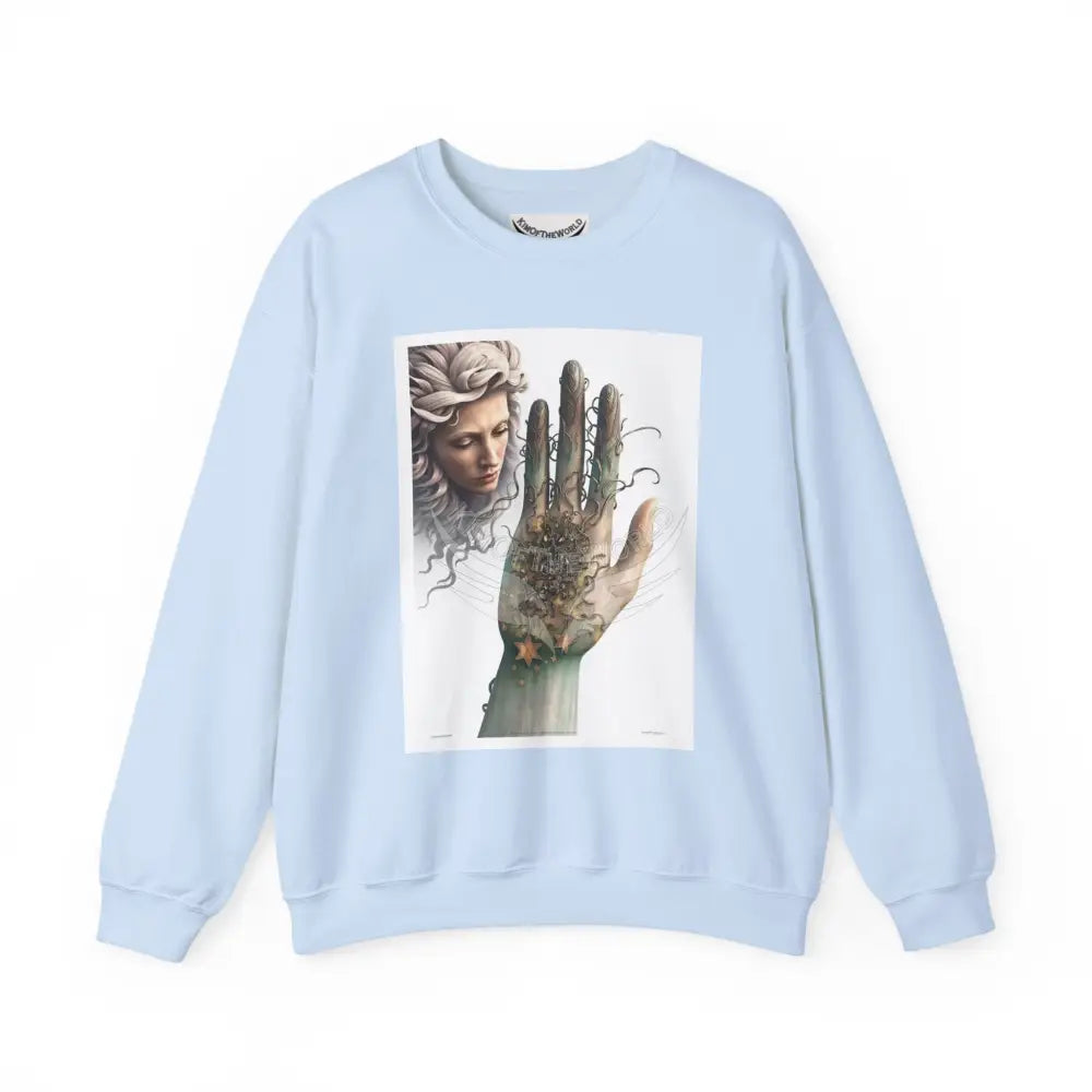 3D Fantasy Giant Surreal Hand Scapes Signature Design Sweatshirt — Bat & Dragon Floral Landscape Crewneck Light Blue