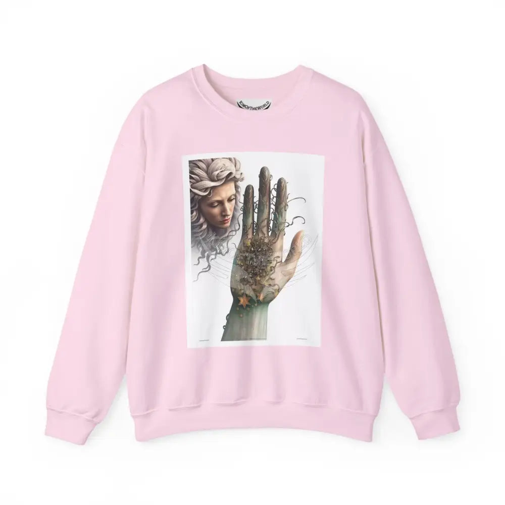 3D Fantasy Giant Surreal Hand Scapes Signature Design Sweatshirt — Bat & Dragon Floral Landscape Crewneck Light Pink