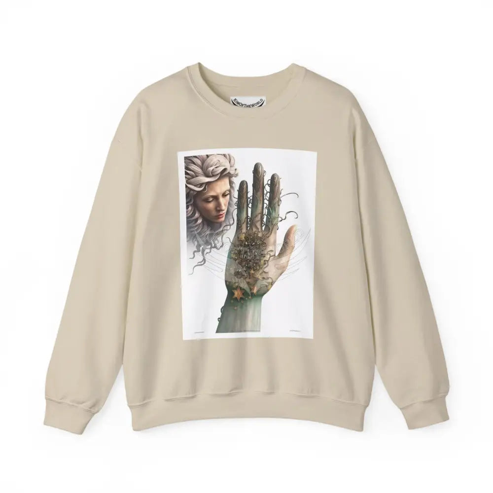 3D Fantasy Giant Surreal Hand Scapes Signature Design Sweatshirt — Bat & Dragon Floral Landscape Crewneck Sand / S