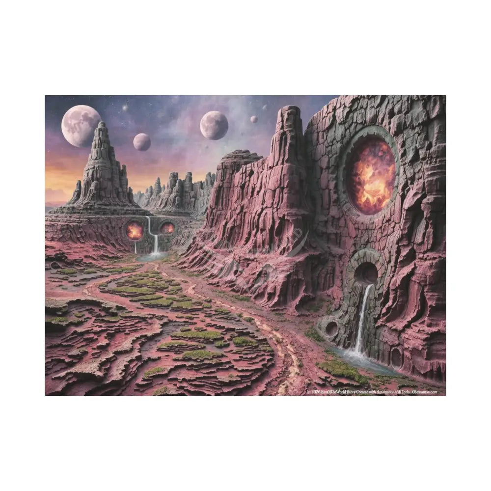 3D Fantasy Scenic Red Rock & Waterfall Gothic Landscape Scenery Canvas Prints 48’’ x 36’’ (Horizontal) / 1.25’’ Canvas