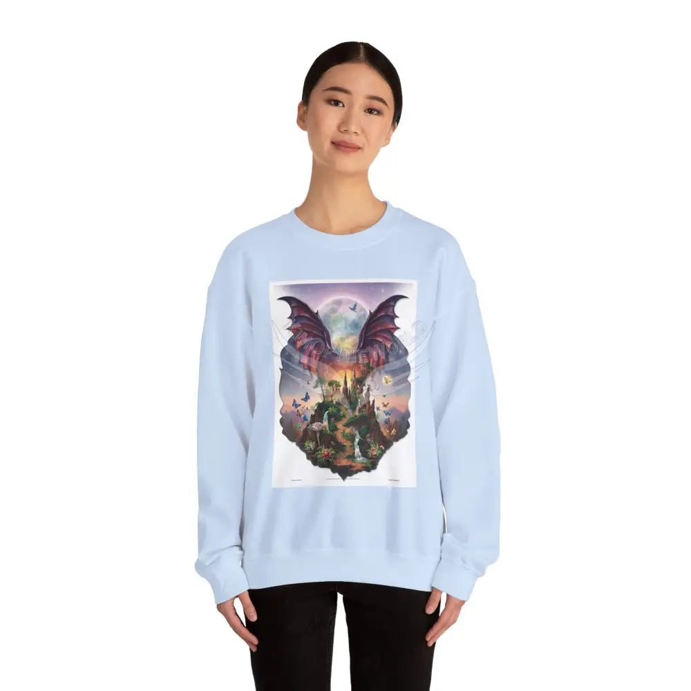 3D Fantasy Wing Scapes Signature Design Sweatshirt — Bat & Dragon Floral Landscape Crewneck Sweatshirt