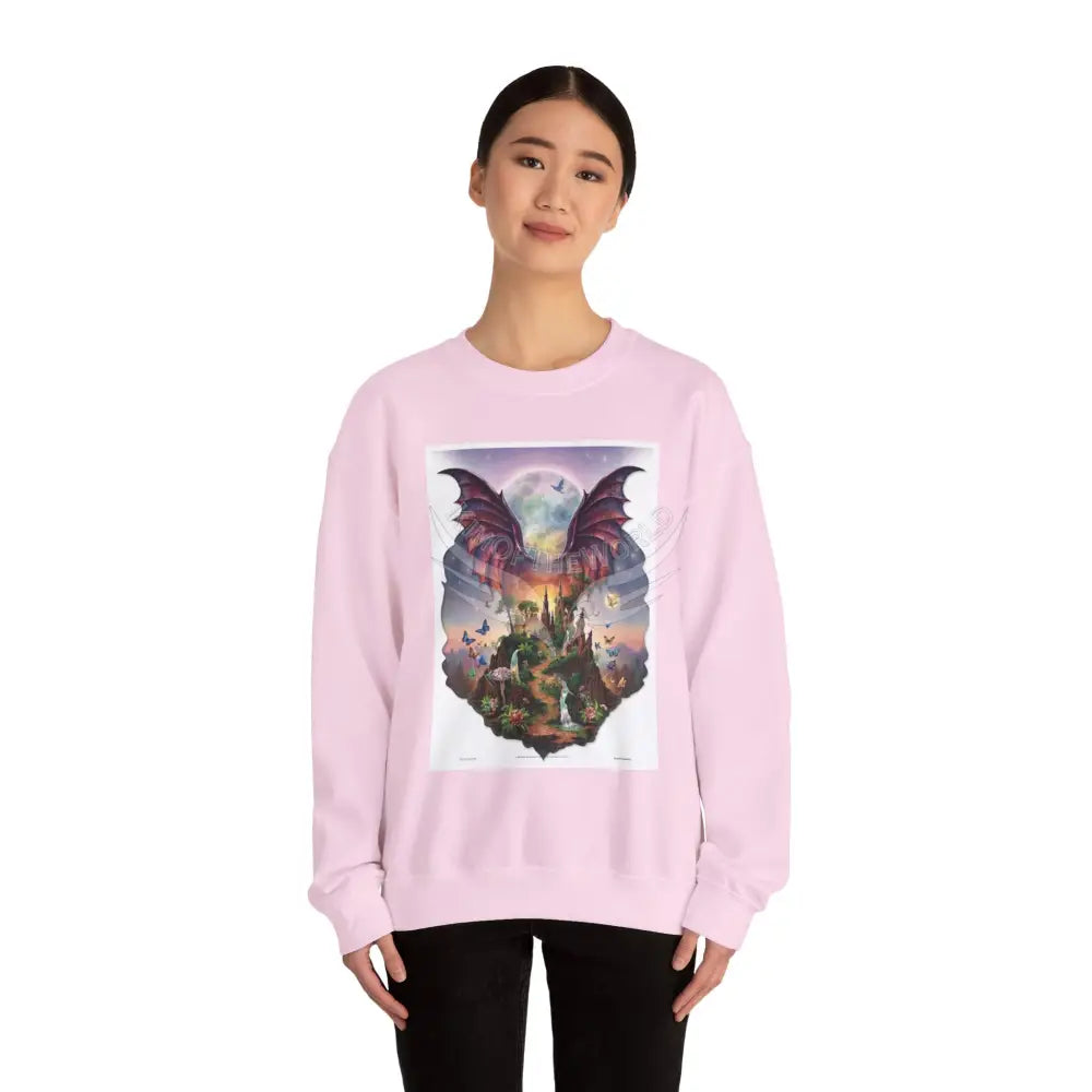 3D Fantasy Wing Scapes Signature Design Sweatshirt — Bat & Dragon Floral Landscape Crewneck Sweatshirt