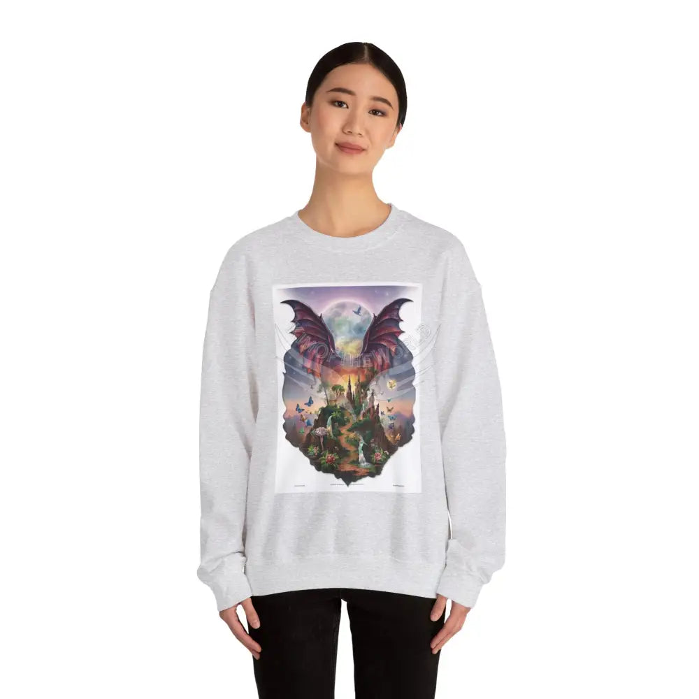 3D Fantasy Wing Scapes Signature Design Sweatshirt — Bat & Dragon Floral Landscape Crewneck Sweatshirt