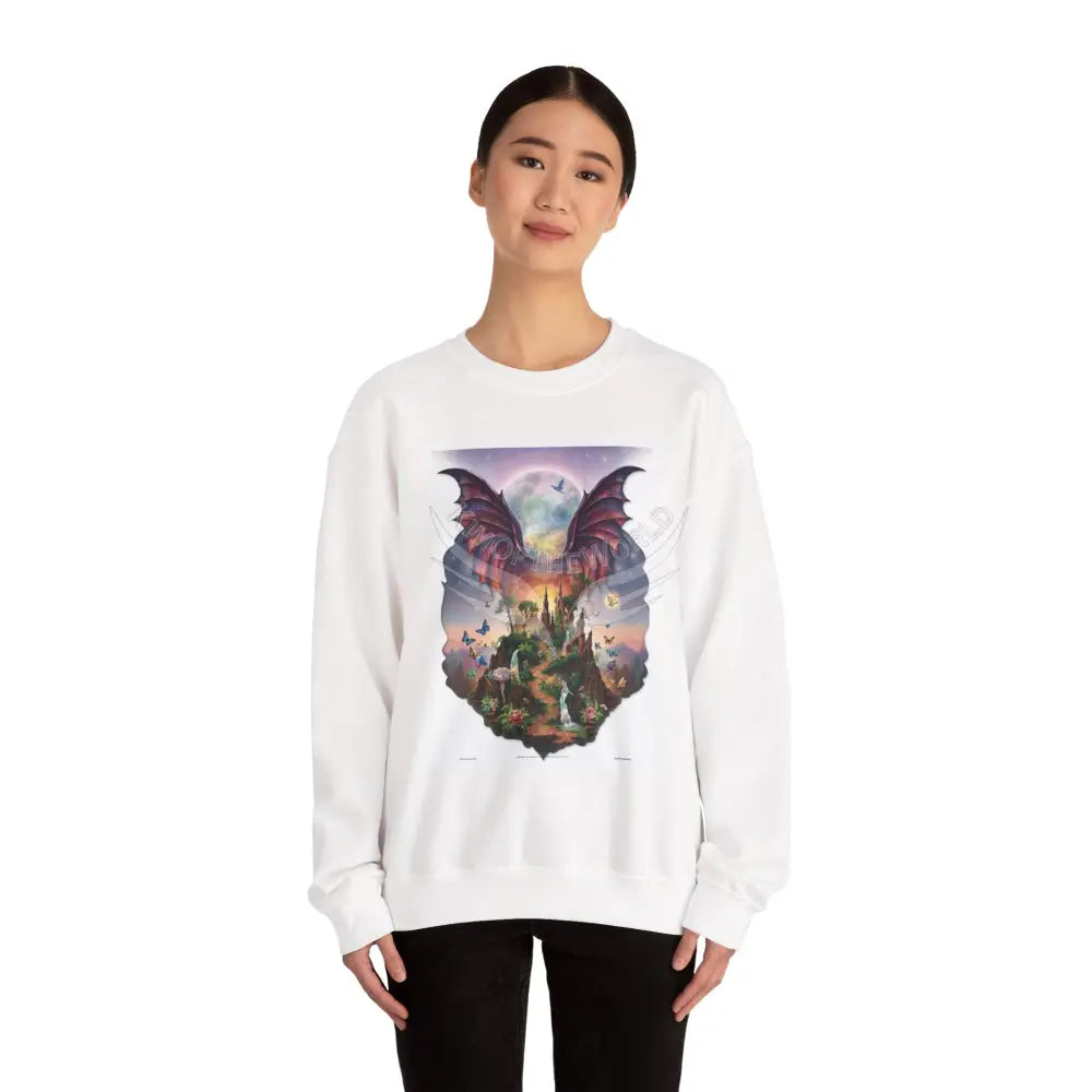 3D Fantasy Wing Scapes Signature Design Sweatshirt — Bat & Dragon Floral Landscape Crewneck Sweatshirt