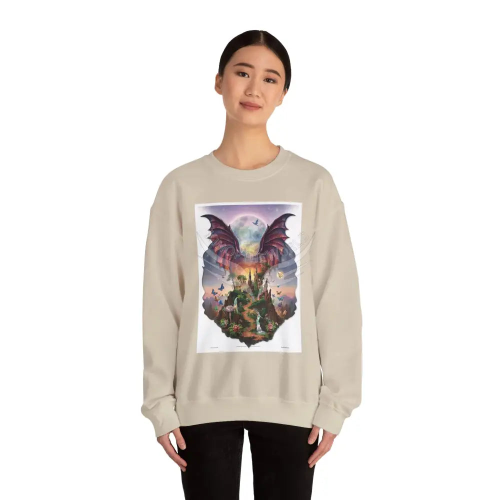 3D Fantasy Wing Scapes Signature Design Sweatshirt — Bat & Dragon Floral Landscape Crewneck Sweatshirt
