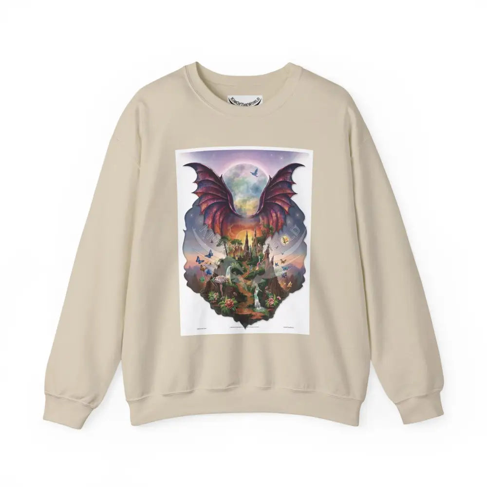 3D Fantasy Wing Scapes Signature Design Sweatshirt — Bat & Dragon Floral Landscape Crewneck Sand / S Sweatshirt