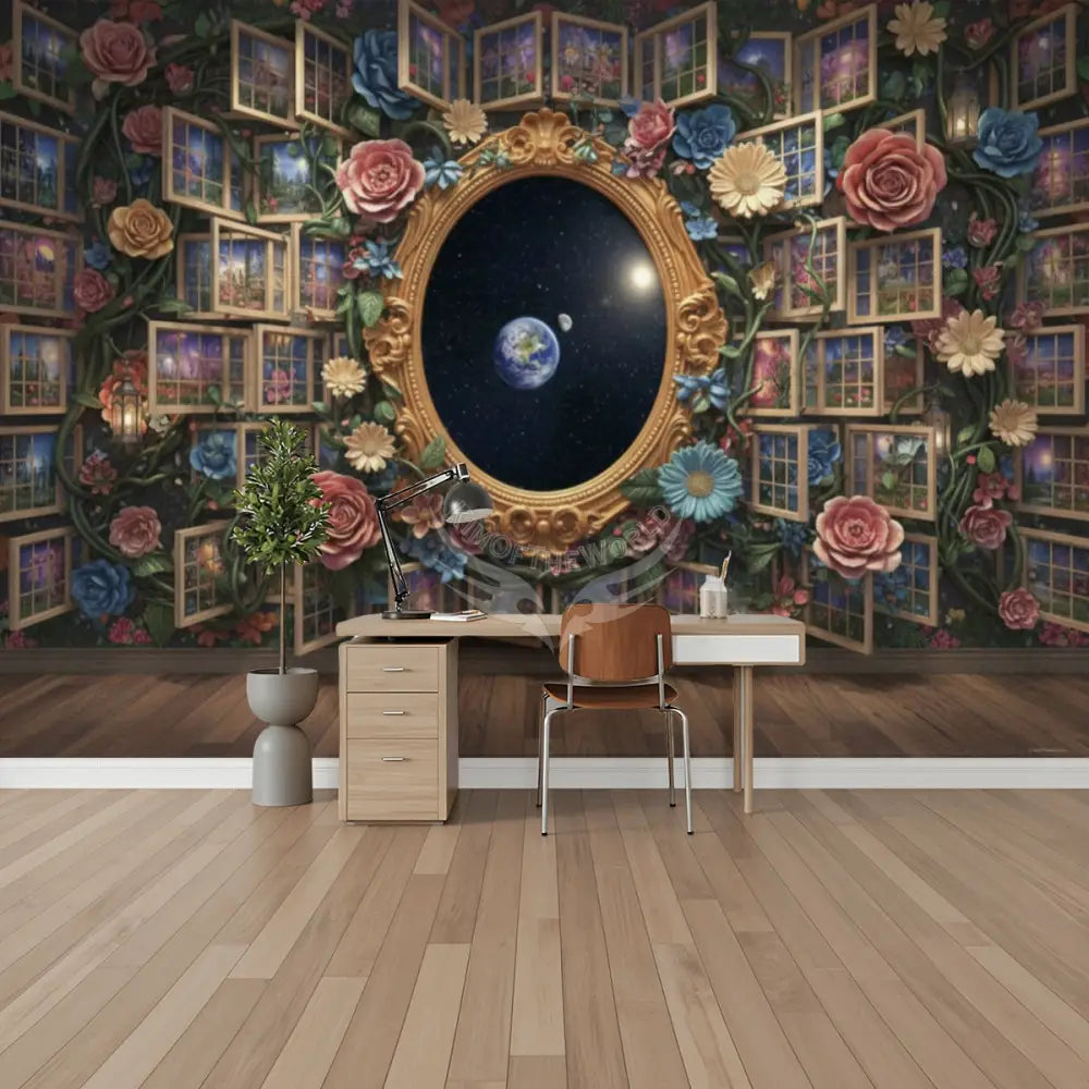 3D Floral and Multi Windows Unpasted Mural Wallpaper 144’’x100’’ - 144’’x100’’ - Wall Coverings