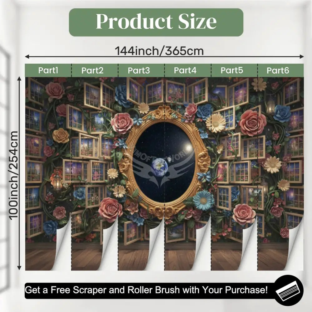 3D Floral and Multi Windows Unpasted Mural Wallpaper 144’’x100’’ - 144’’x100’’ - Wall Coverings