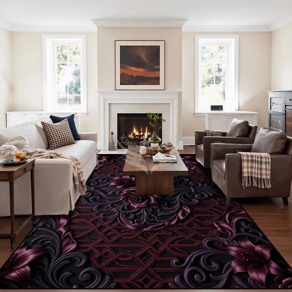 3D Floral Deep Burgundy & Purple Large Area Rug Floor Carpet 10x8 120’’x96’’ Rugs & Mats